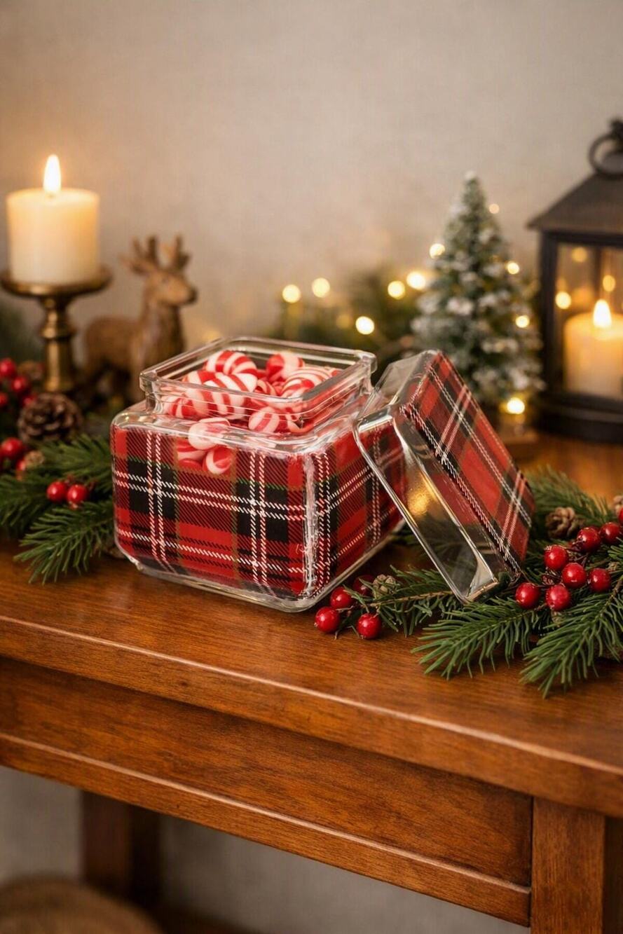 Plaid Glass Candy Jar – Holiday Treat Container, Vintage‑Style Christmas Storage